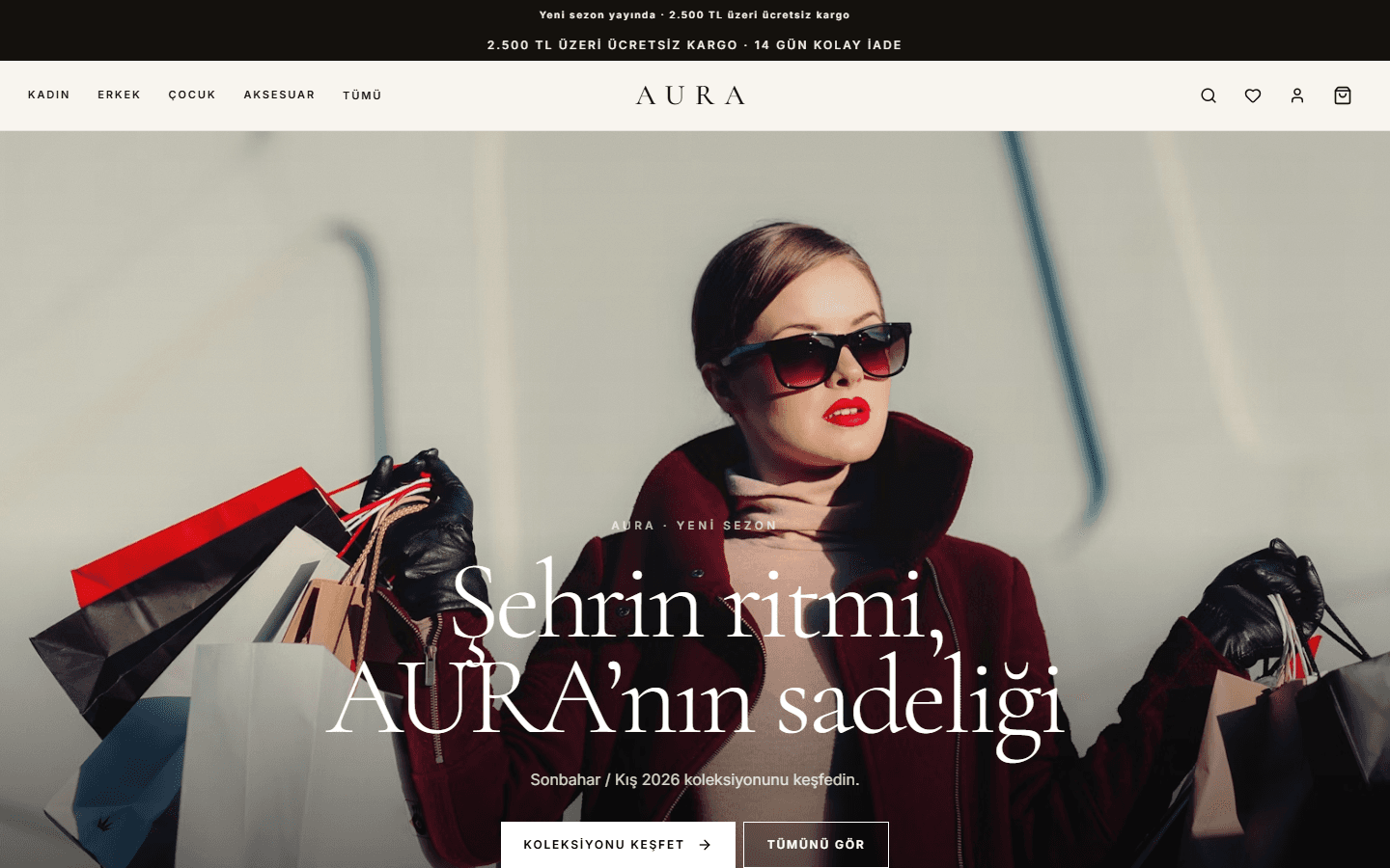 AURA Butik yeni sezon koleksiyonunu gösteren masaüstü ana sayfası