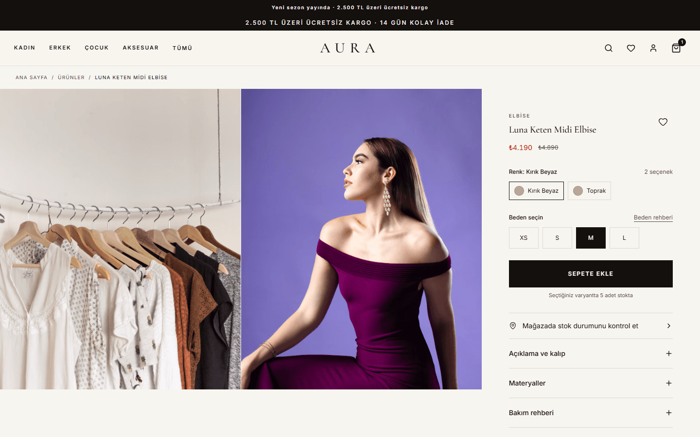 Renk, beden ve stok seçenekleri bulunan AURA Butik ürün detay sayfası