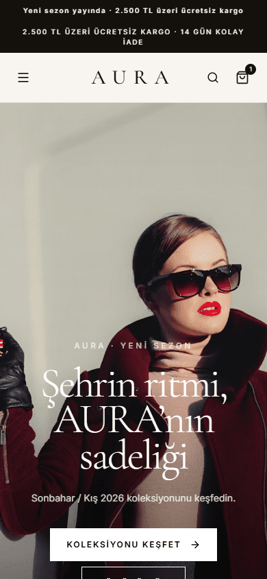 AURA Butik yeni sezon koleksiyonunun mobil ana sayfa görünümü