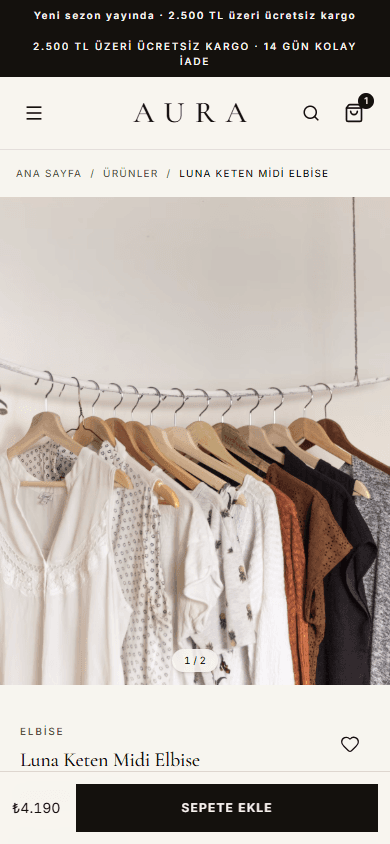 AURA Butik mobil ürün detay ve sepete ekleme ekranı
