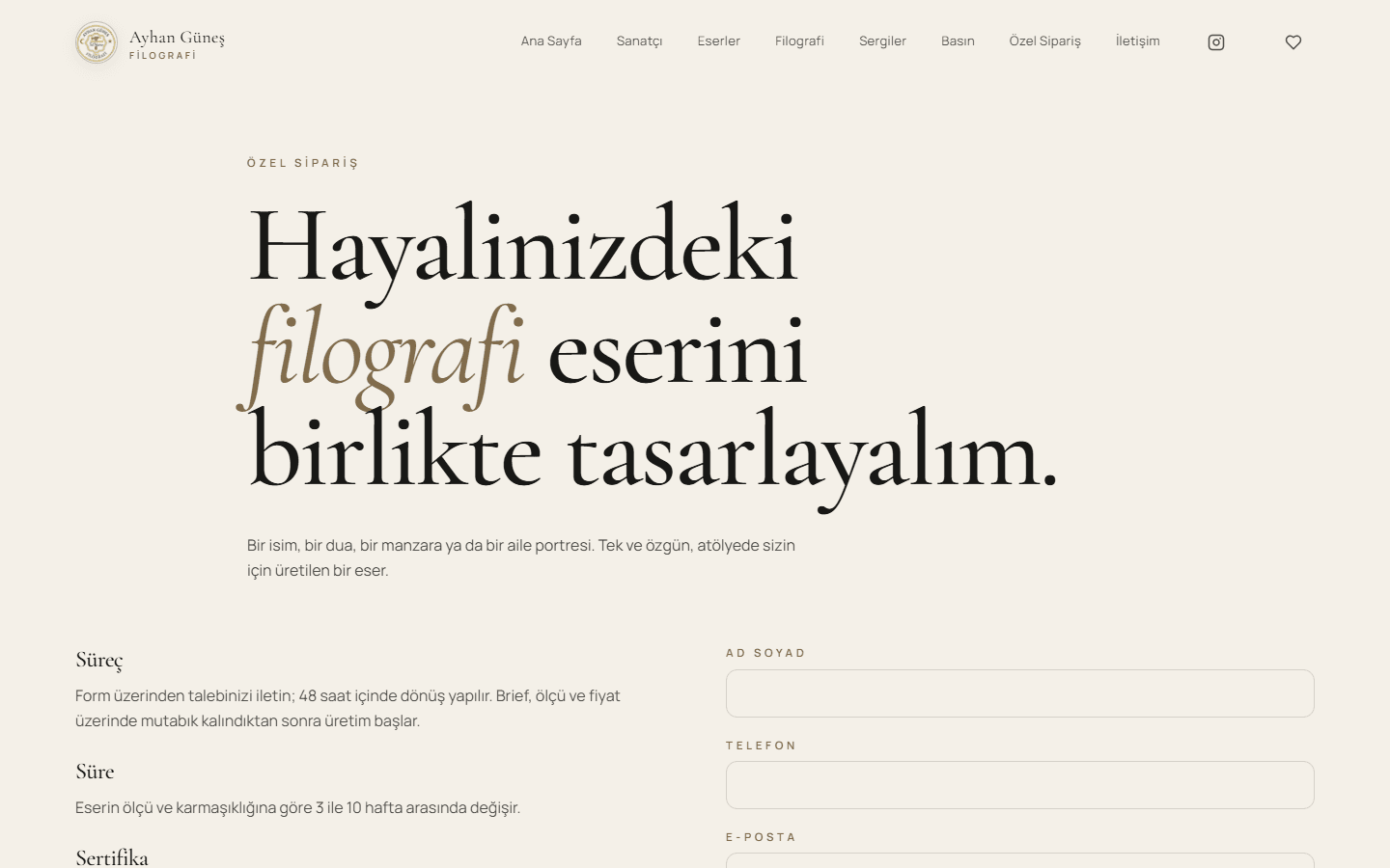 Özel filografi siparişi hazırlama ekranı