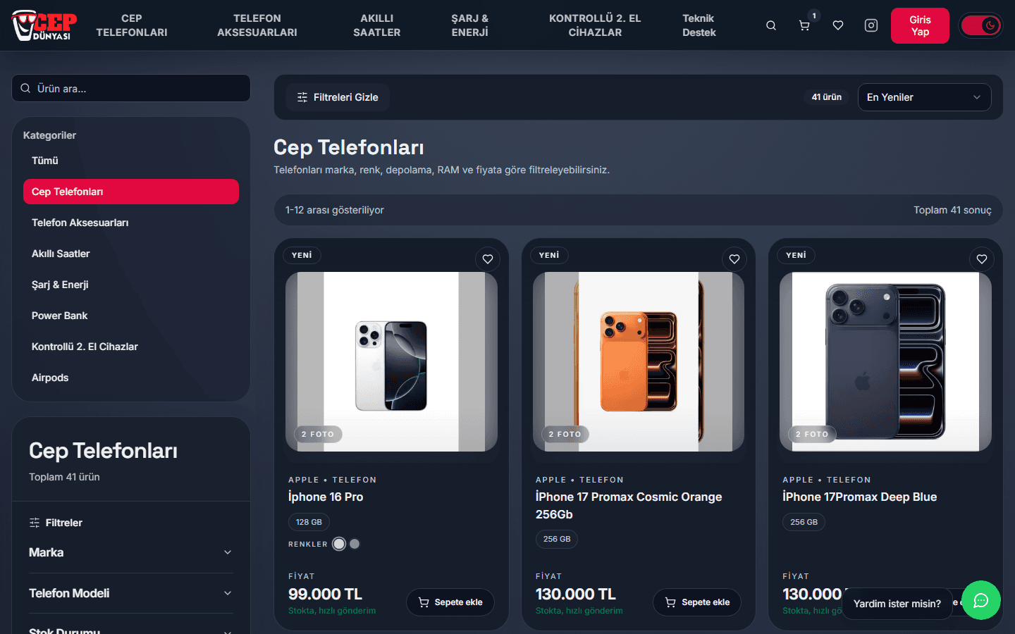 Cep telefonları kategorisi ve ürün kartlarını gösteren masaüstü ekran