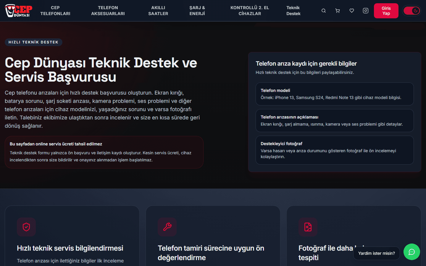Cep Dünyası teknik servis başvuru ve cihaz takip ekranı
