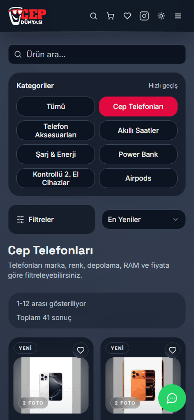 Cep Dünyası mobil ürün kataloğu ve filtreleme deneyimi