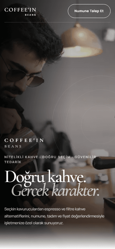 Coffee'in Beans mobil ana sayfa görünümü