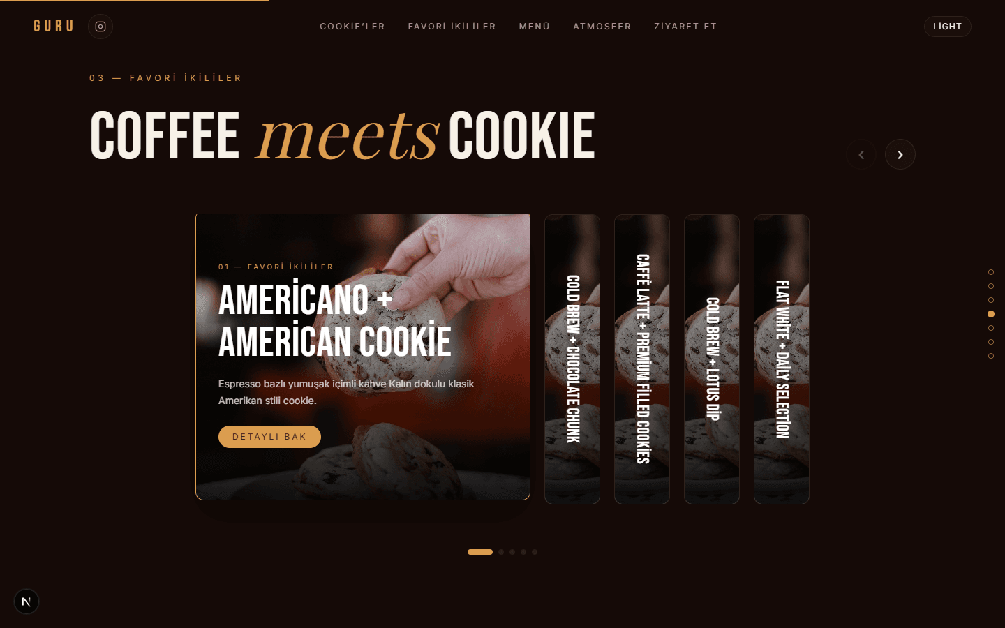 Kahve ve cookie eşleşmelerini sunan GURU Coffee Favori İkililer bölümü