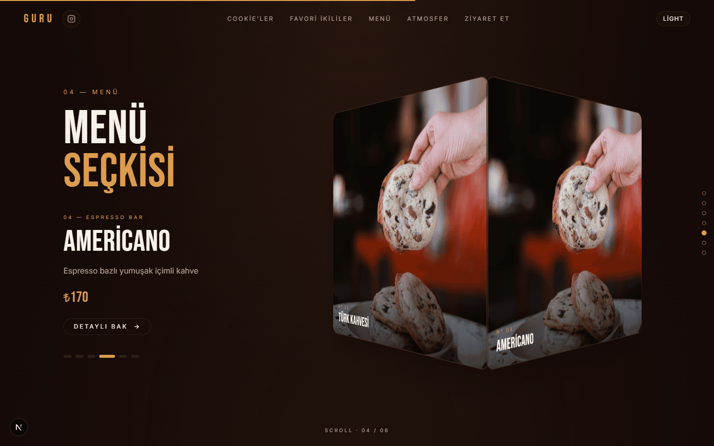 GURU Coffee ürünlerini üç boyutlu kartlarla sunan Menü Seçkisi