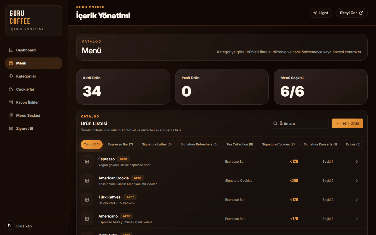 GURU Coffee ürün arama, filtreleme ve düzenleme ekranı