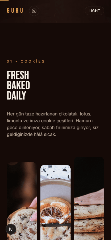 GURU Coffee mobil cookie ve ürün anlatısı bölümü